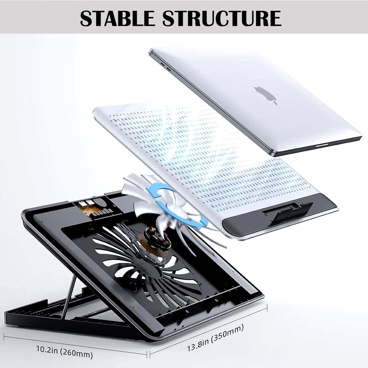 16Inch Single Fan Lap Chill Mat - Aluminum Panel Laptop Cooling Pad, Heat Protection Laptop Cooler, Adjustable Foldable Long Stand, Fans Switch with Dimmable-Speed, USB-A Connection Laptop Fan
