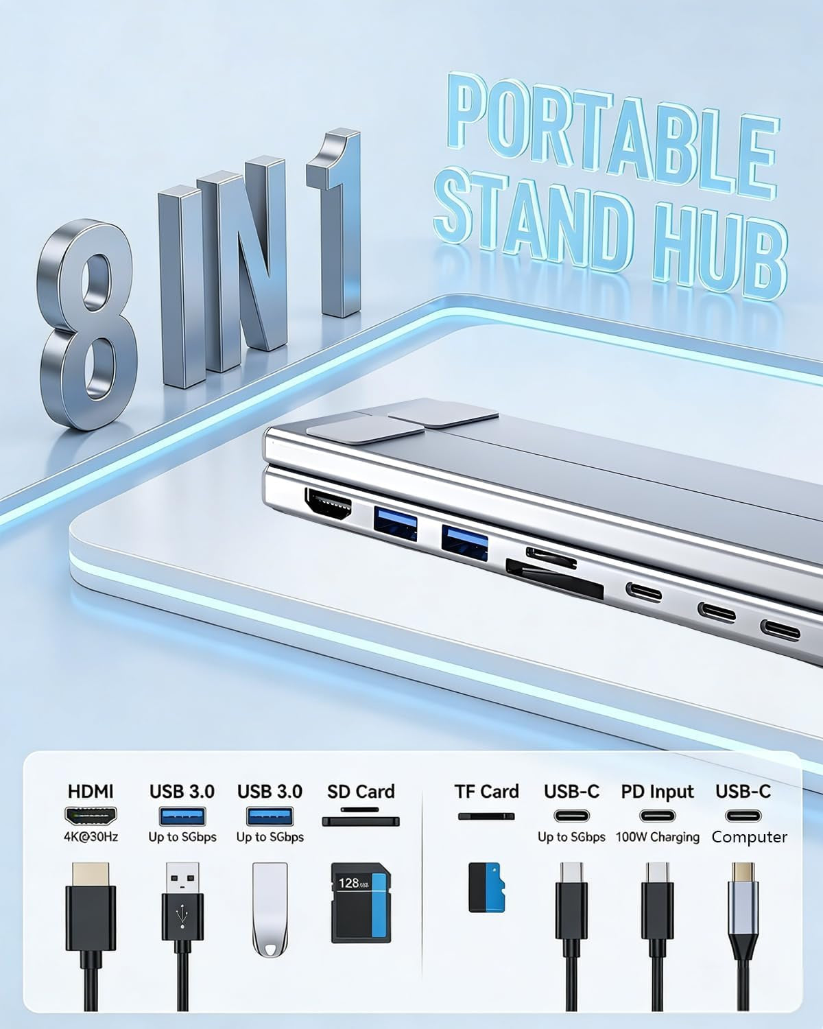 USB C Laptop Stand with Docking Station,8 in 1 Hub Laptop Stand Foldable Computer Riser with 4K HDMIPD 100W Dual Data Ports Multiport Adapter for Notebook Tablet,Portable Height Adjustable Holder