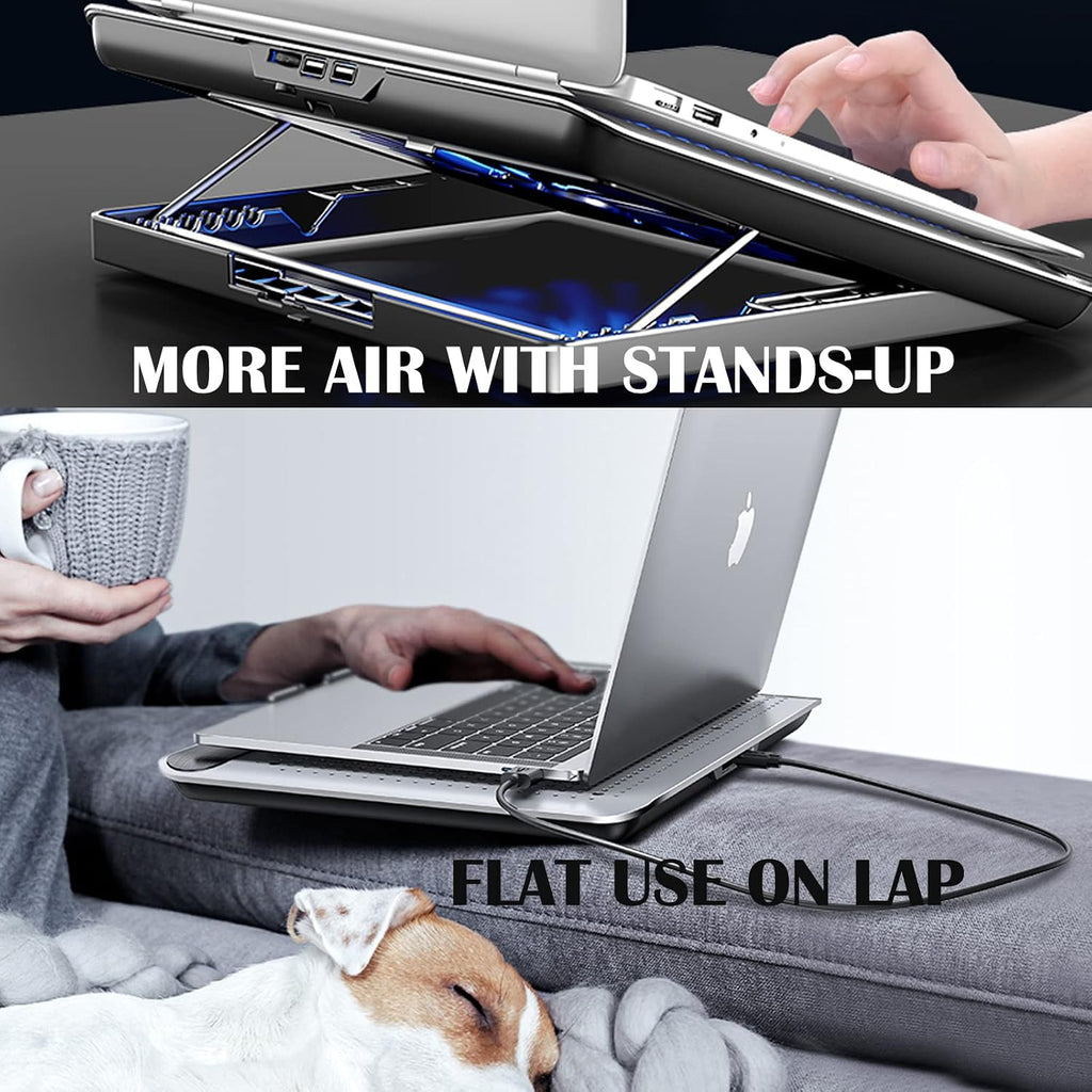 16Inch Single Fan Lap Chill Mat - Aluminum Panel Laptop Cooling Pad, Heat Protection Laptop Cooler, Adjustable Foldable Long Stand, Fans Switch with Dimmable-Speed, USB-A Connection Laptop Fan