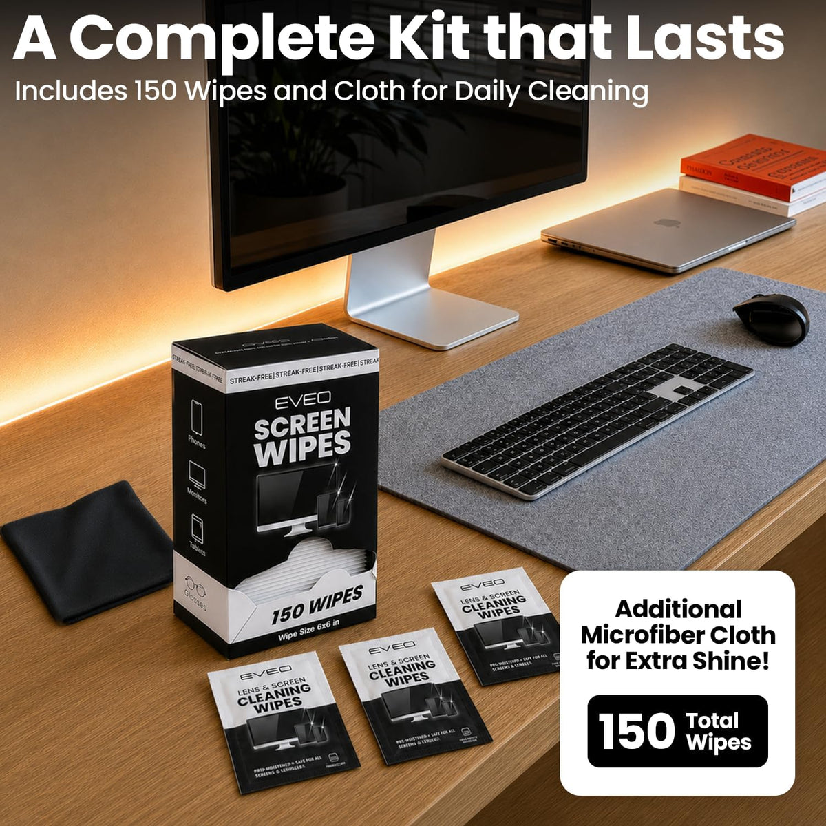Screen Wipes (150 Pack) - Electronic Wipes, Computer Screen Cleaner Wipes for Electronics | Computer Screen Wipes & Laptop Cleaner, Phone Wipes, Car Screen Cleaner & More - Microfiber Included