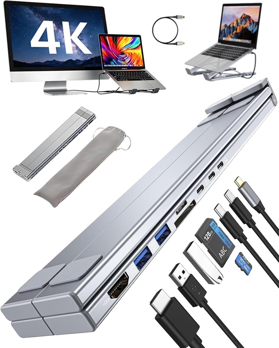 USB C Laptop Stand with Docking Station,8 in 1 Hub Laptop Stand Foldable Computer Riser with 4K HDMIPD 100W Dual Data Ports Multiport Adapter for Notebook Tablet,Portable Height Adjustable Holder