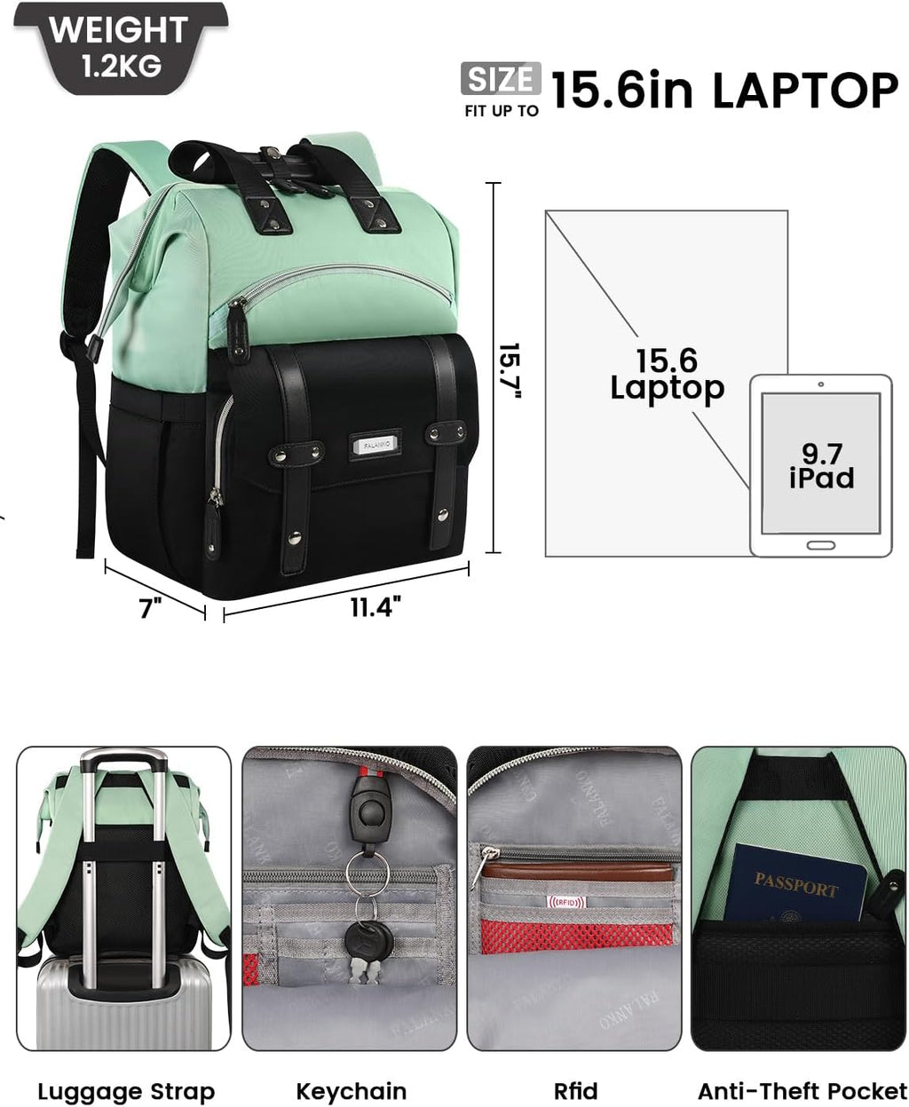 YALIXIAN Laptop Backpack for Women,College Work Teacher Backpack for 15.6 Inch Laptop with USB Charging Port,Travel anti Theft Laptops Backpack RFID anti Theft, Shoulder Purse Bags Green Black