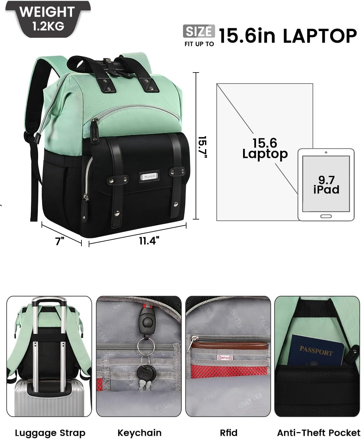 YALIXIAN Laptop Backpack for Women,College Work Teacher Backpack for 15.6 Inch Laptop with USB Charging Port,Travel anti Theft Laptops Backpack RFID anti Theft, Shoulder Purse Bags Green Black