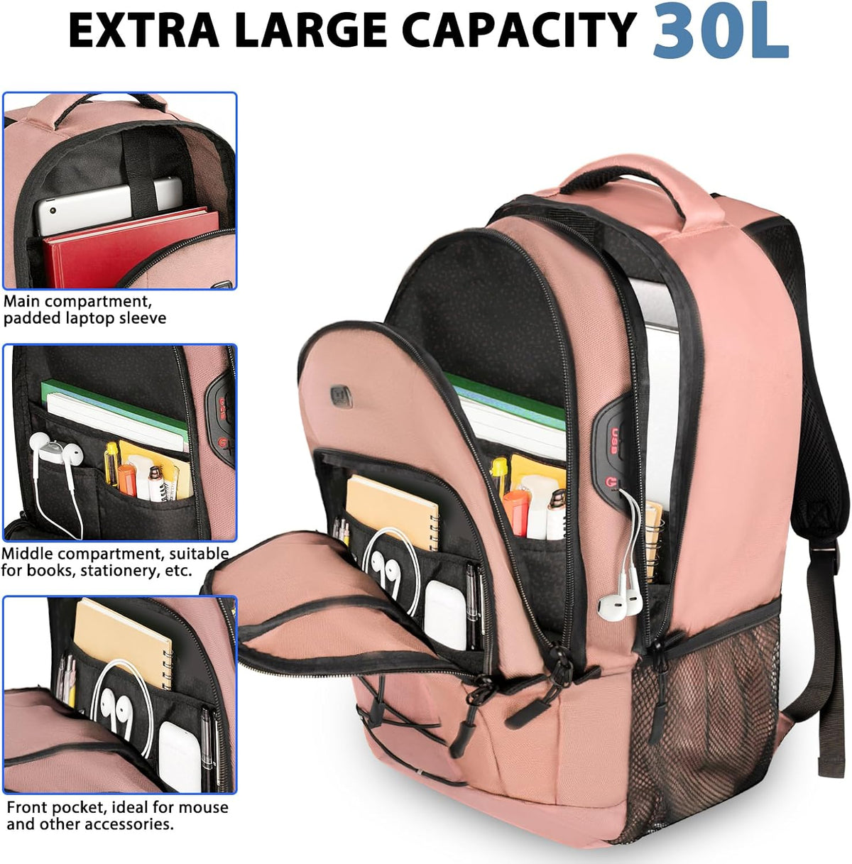 Travel Backpack, 17 Inch Laptop Backpack for Men Women, Business Backpack with Luggage Strap,Pink