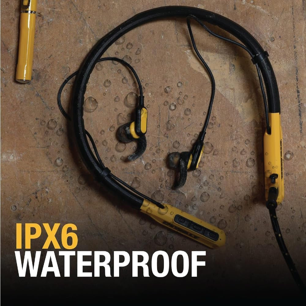 DEWALT Heavy Duty Bluetooth Neckband Headphones, Wireless around the Neck Earbuds W/ 30H Runtime + Noise Isolation, Secure Magnetic Wireless Earbuds, Jobsite Pro Built-In Mic Bluetooth Headsets