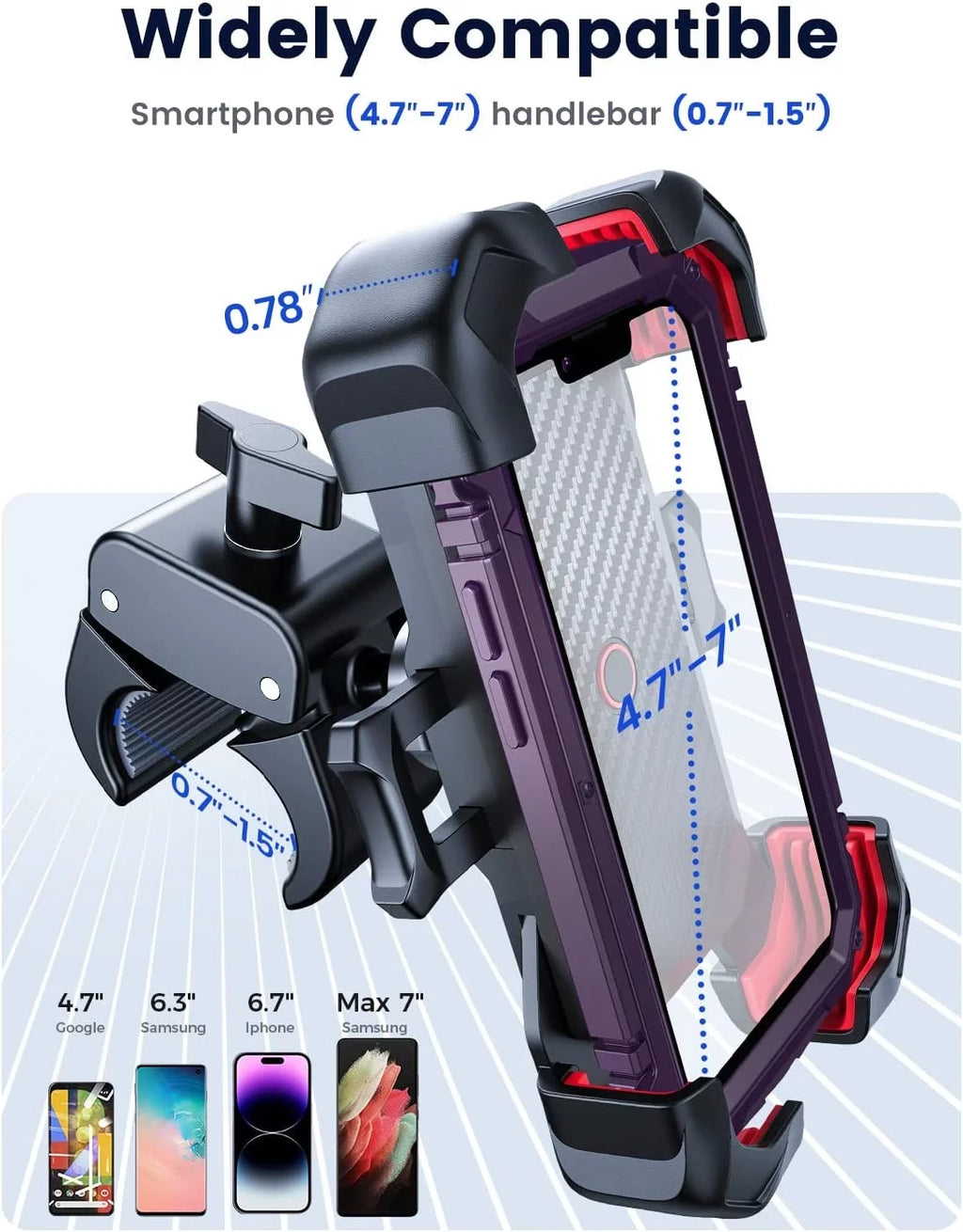 Motorcycle Phone Mount Bike Phone Holder, Auto Lock Adjustable Handlebar Phone Holder Mount for 4.7"-7" Cell Phones