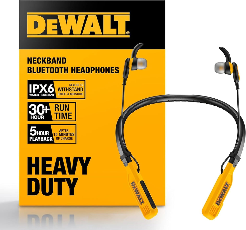 DEWALT Heavy Duty Bluetooth Neckband Headphones, Wireless around the Neck Earbuds W/ 30H Runtime + Noise Isolation, Secure Magnetic Wireless Earbuds, Jobsite Pro Built-In Mic Bluetooth Headsets