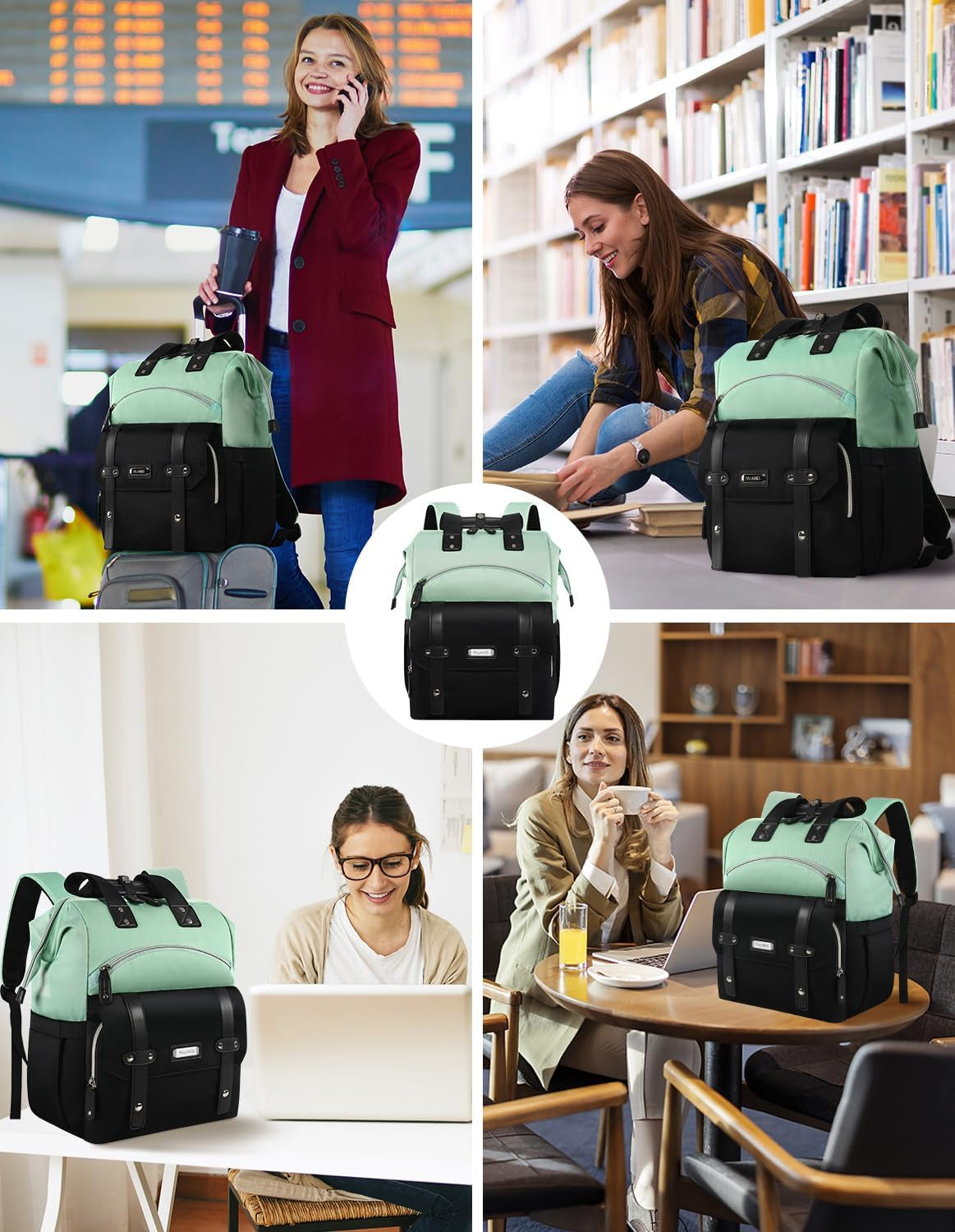 YALIXIAN Laptop Backpack for Women,College Work Teacher Backpack for 15.6 Inch Laptop with USB Charging Port,Travel anti Theft Laptops Backpack RFID anti Theft, Shoulder Purse Bags Green Black