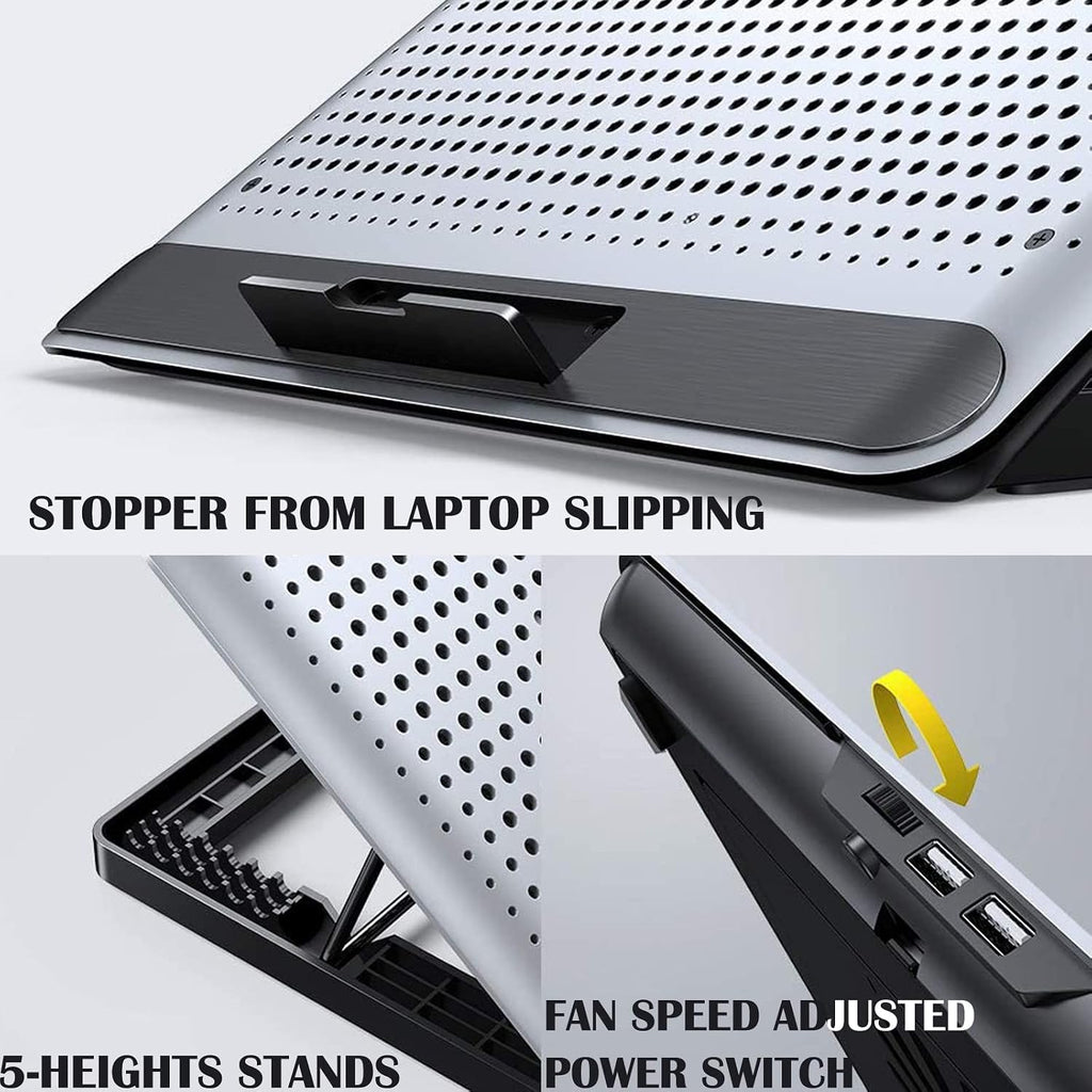 16Inch Single Fan Lap Chill Mat - Aluminum Panel Laptop Cooling Pad, Heat Protection Laptop Cooler, Adjustable Foldable Long Stand, Fans Switch with Dimmable-Speed, USB-A Connection Laptop Fan