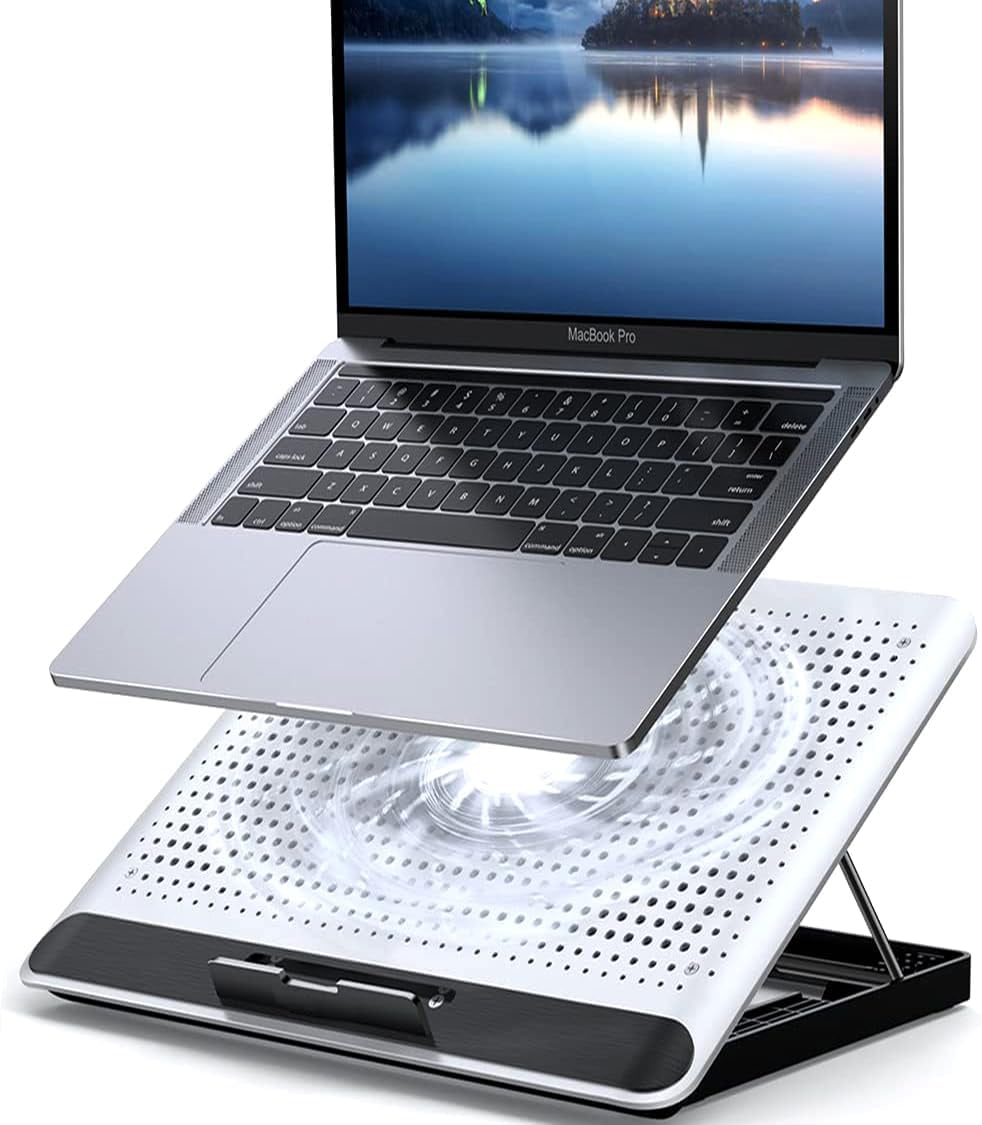 16Inch Single Fan Lap Chill Mat - Aluminum Panel Laptop Cooling Pad, Heat Protection Laptop Cooler, Adjustable Foldable Long Stand, Fans Switch with Dimmable-Speed, USB-A Connection Laptop Fan