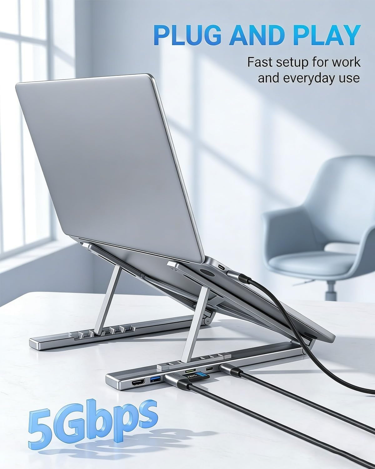USB C Laptop Stand with Docking Station,8 in 1 Hub Laptop Stand Foldable Computer Riser with 4K HDMIPD 100W Dual Data Ports Multiport Adapter for Notebook Tablet,Portable Height Adjustable Holder