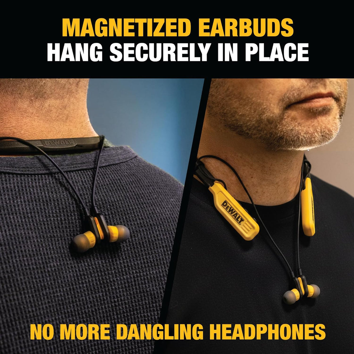 DEWALT Heavy Duty Bluetooth Neckband Headphones, Wireless around the Neck Earbuds W/ 30H Runtime + Noise Isolation, Secure Magnetic Wireless Earbuds, Jobsite Pro Built-In Mic Bluetooth Headsets