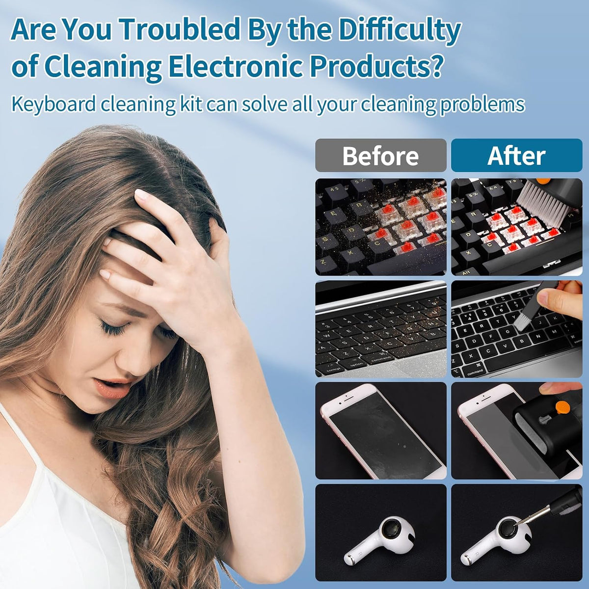 Keyboard Cleaner for Laptop, Macbook, Tablet, Multi-Function Cleaning Kit | Includes Screen Cleaning Spray, Microfiber Wipe, and Brush for Cleaning Phone, Earbuds, Computer, and Other Tech Electronics